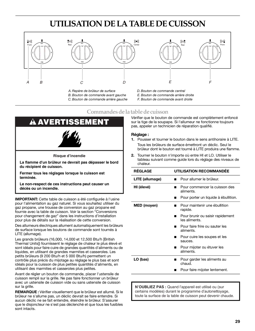 KitchenAid KGRK201, KGRS205 manual Utilisation DE LA Table DE Cuisson, Commandesdela table decuisson, Réglage 