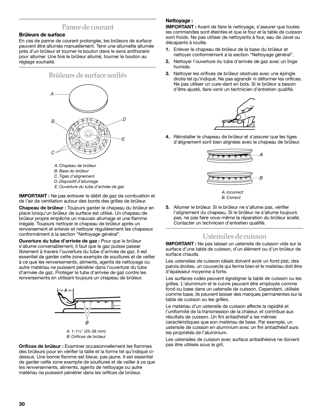 KitchenAid KGRS205 manual Panne de courant, Brûleurs desurface scellés, Ustensilesdecuisson, Brûleurs de surface, Nettoyage 