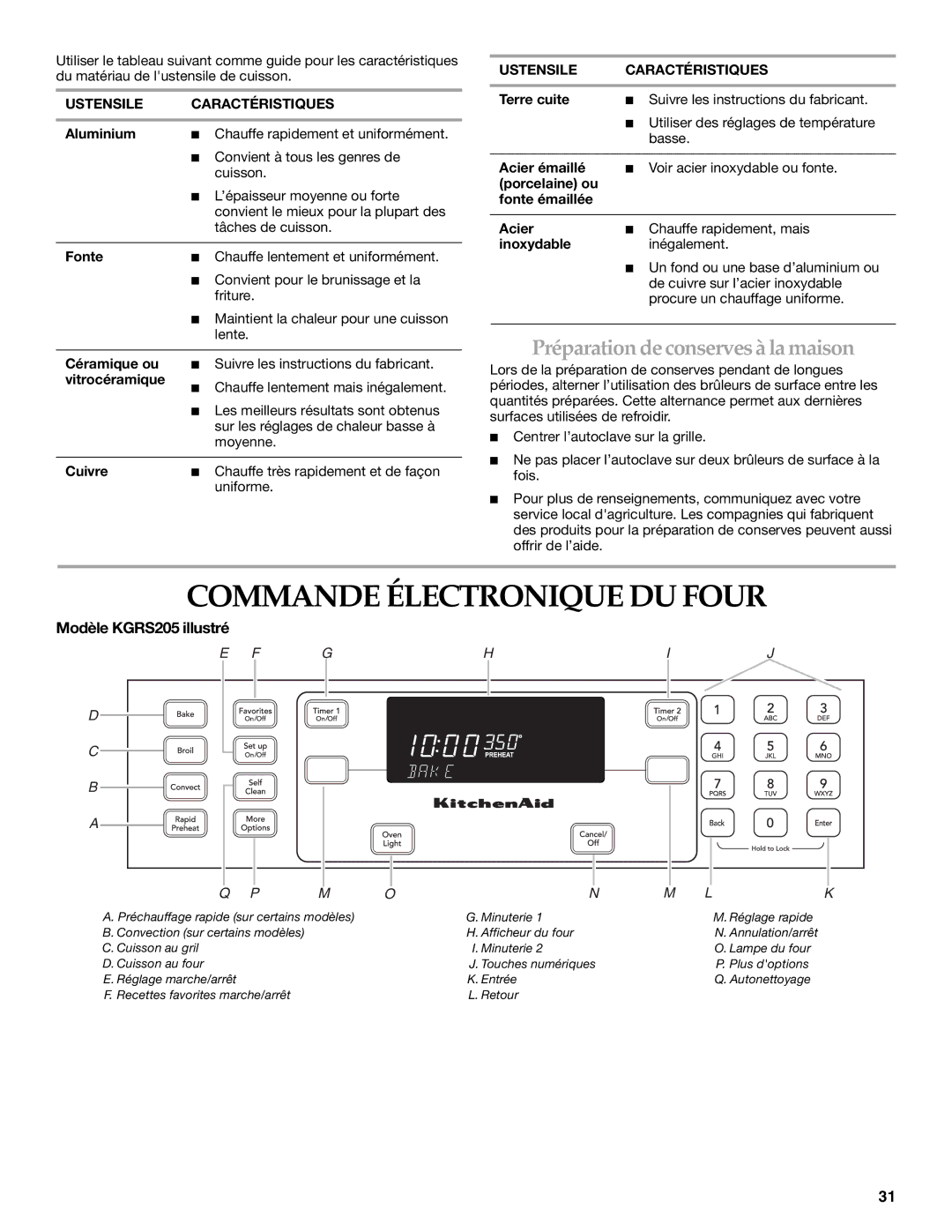 KitchenAid KGRK201 manual Commande Électronique DU Four, Préparation deconserves à la maison, Modèle KGRS205 illustré 