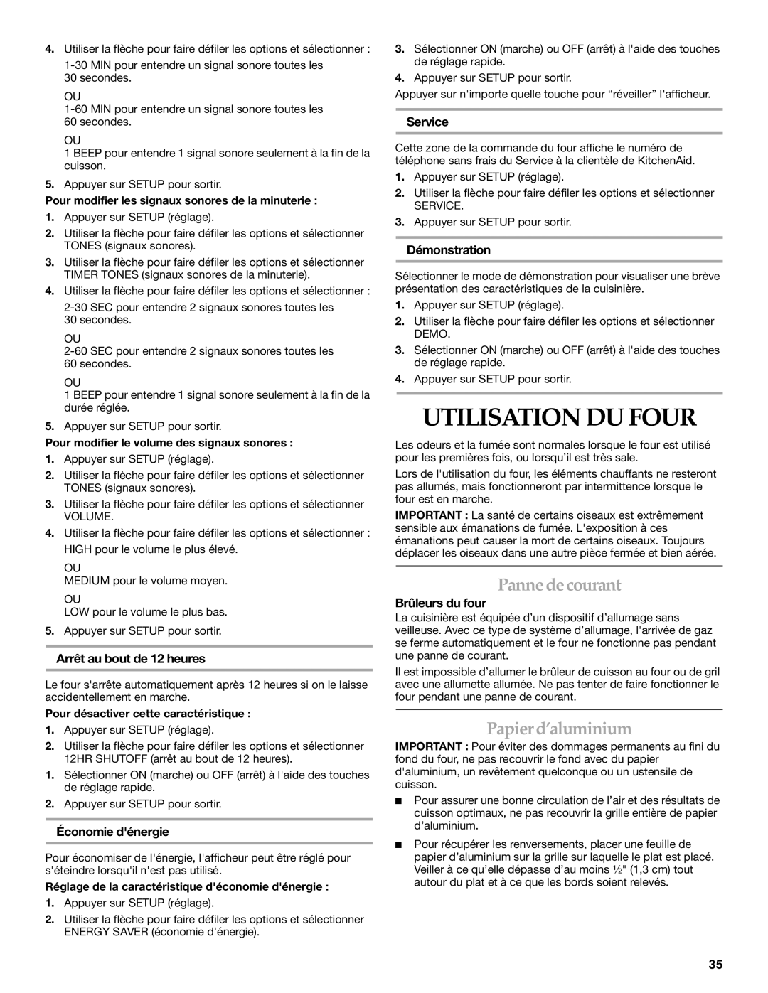 KitchenAid KGRK201, KGRS205 manual Utilisation DU Four, Panne decourant, Papierd’aluminium 