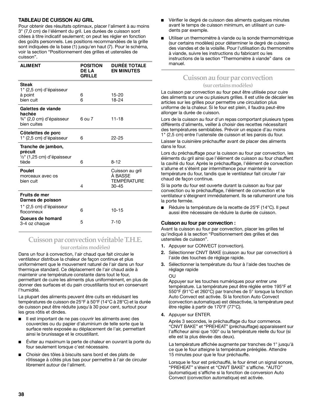 KitchenAid KGRS205, KGRK201 CuissonparconvectionvéritableT.H.E, Cuisson aufourpar convection, Tableau DE Cuisson AU Gril 