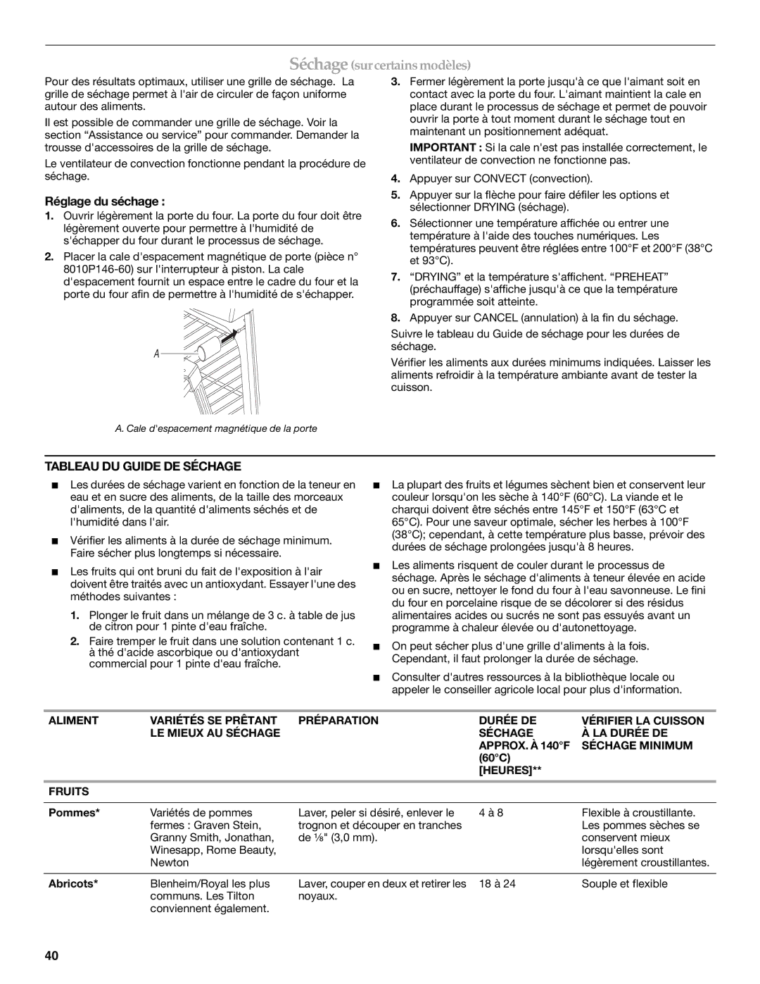 KitchenAid KGRS205, KGRK201 manual Réglage du séchage, Tableau DU Guide DE Séchage, Heures Fruits 