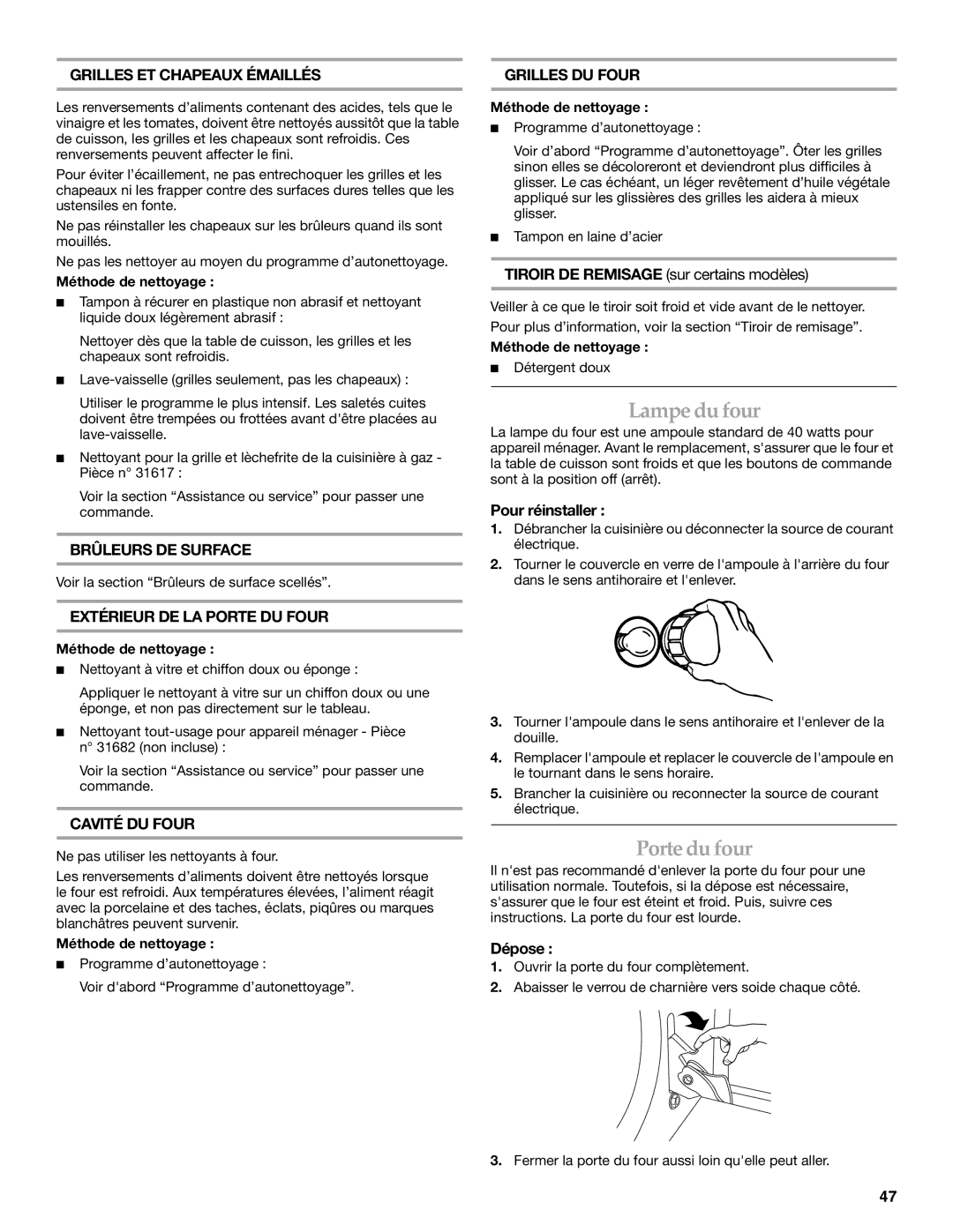 KitchenAid KGRK201 manual Grilles ET Chapeaux Émaillés, Brûleurs DE Surface, Grilles DU Four, Extérieur DE LA Porte DU Four 