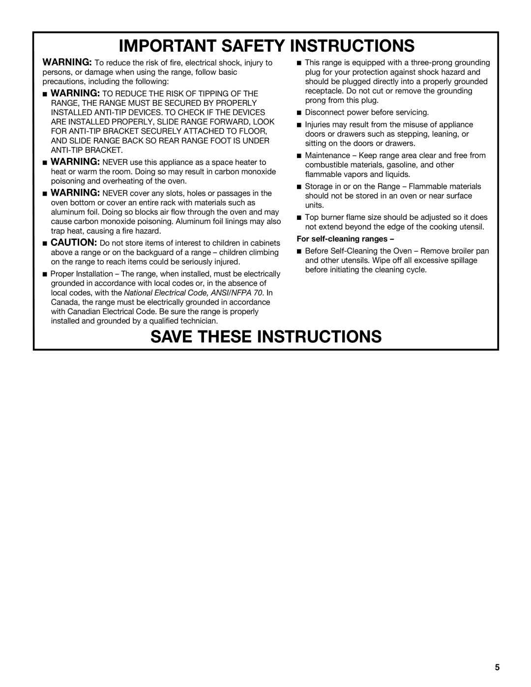 KitchenAid KGRK201, KGRS205 manual Important Safety Instructions, For self-cleaning ranges 