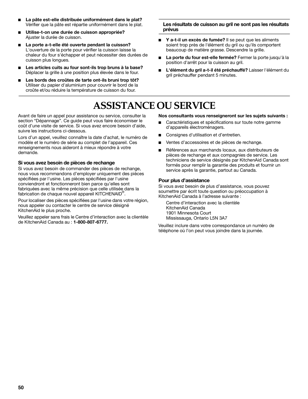 KitchenAid KGRS205, KGRK201 manual Assistance OU Service, Si vous avez besoin de pièces de rechange, Pour plus d’assistance 