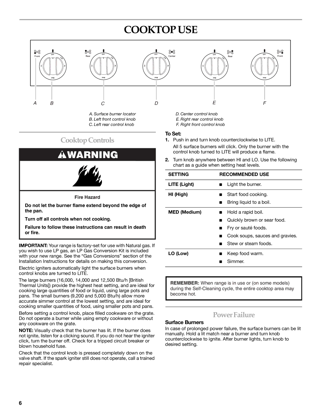 KitchenAid KGRS205, KGRK201 manual Cooktop USE, Cooktop Controls, Power Failure, To Set, Surface Burners 