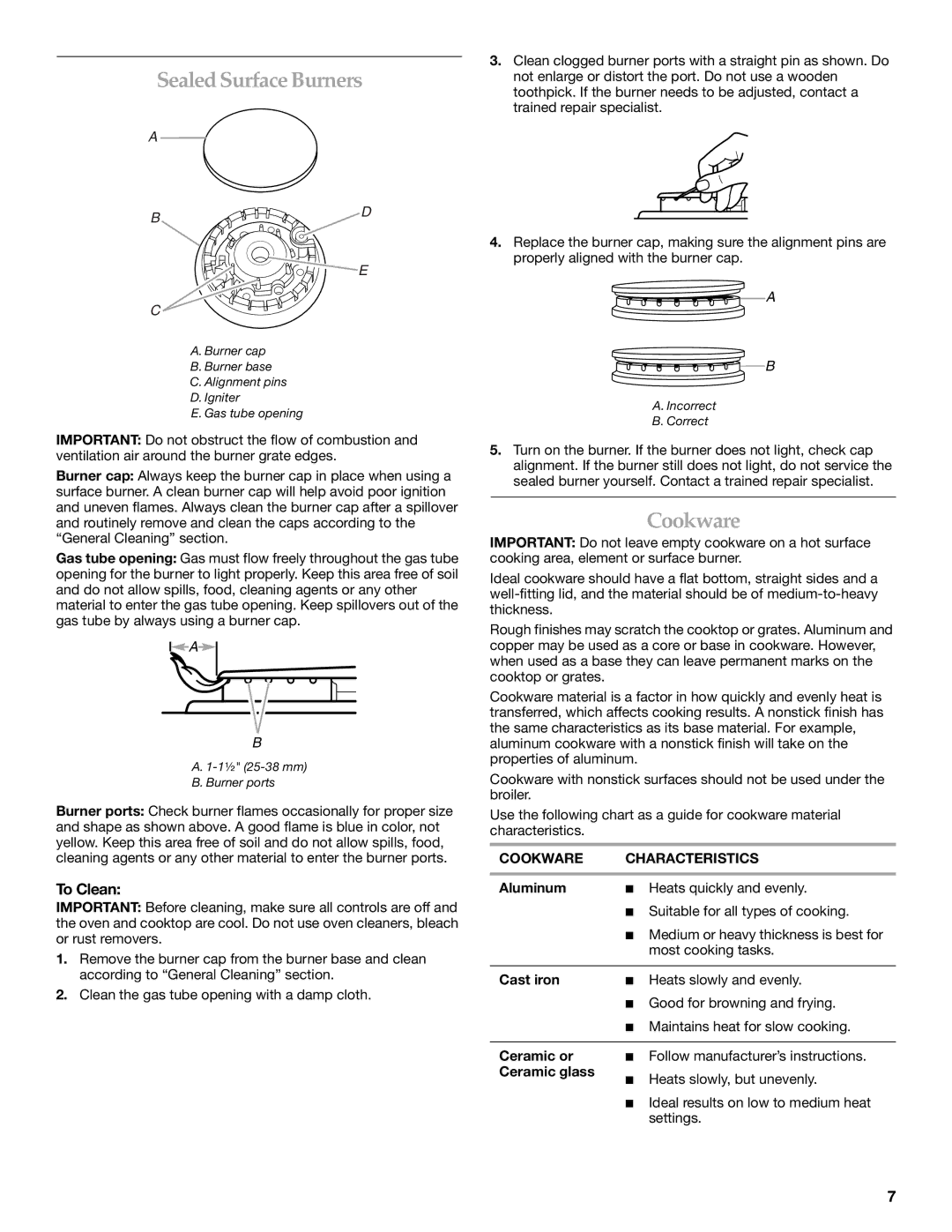 KitchenAid KGRK201, KGRS205 manual Sealed SurfaceBurners, To Clean, Cookware Characteristics 