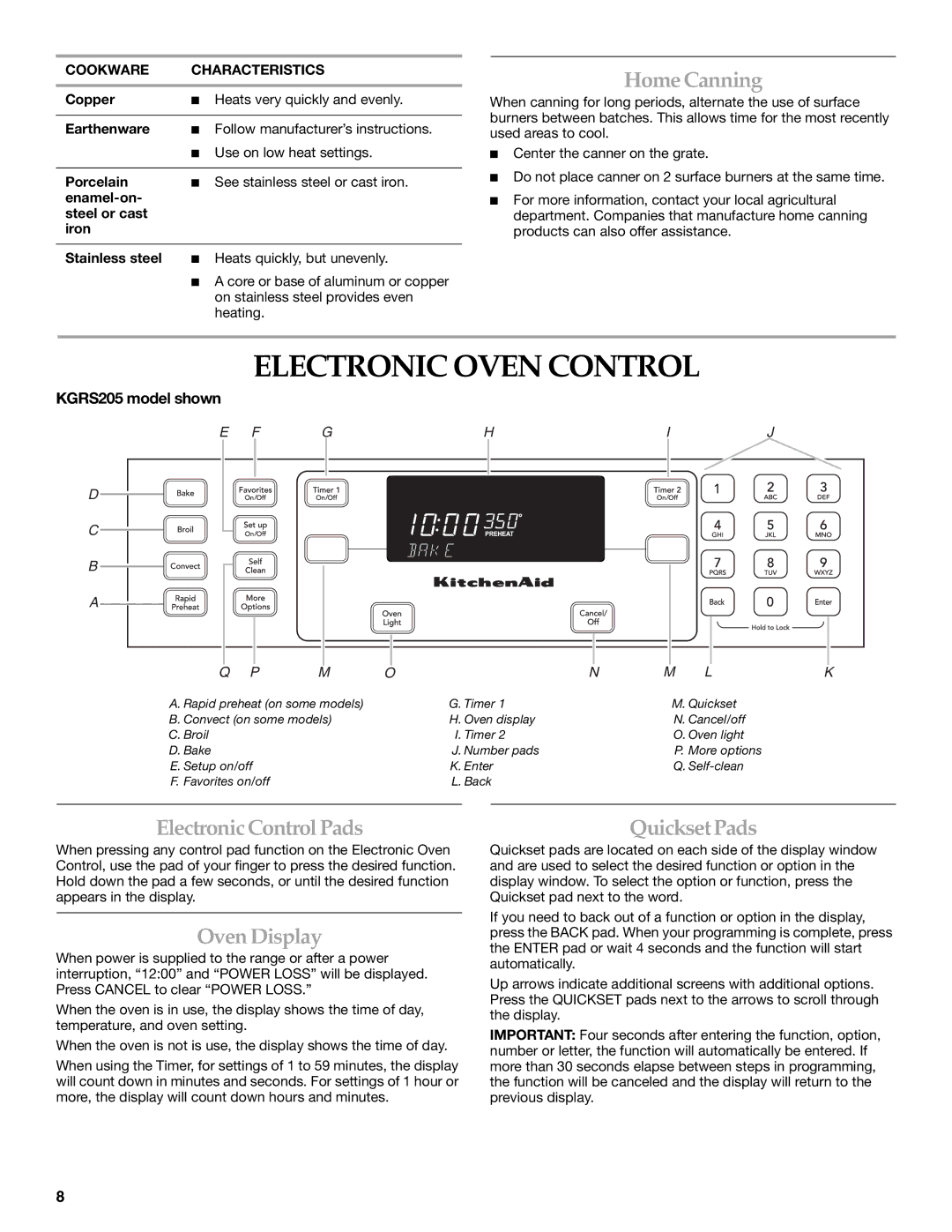 KitchenAid KGRS205, KGRK201 manual Electronic Oven Control, HomeCanning, ElectronicControlPads, OvenDisplay, QuicksetPads 