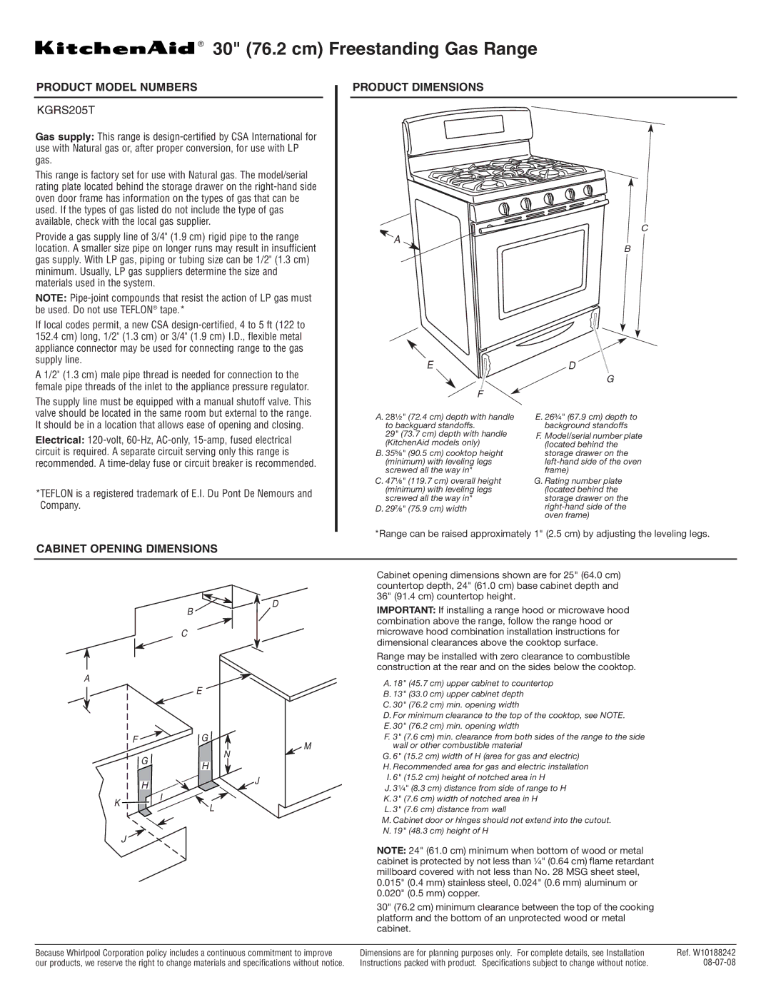 KitchenAid KGRS205T dimensions 30 76.2 cm Freestanding Gas Range, Product Model Numbers, Product Dimensions 