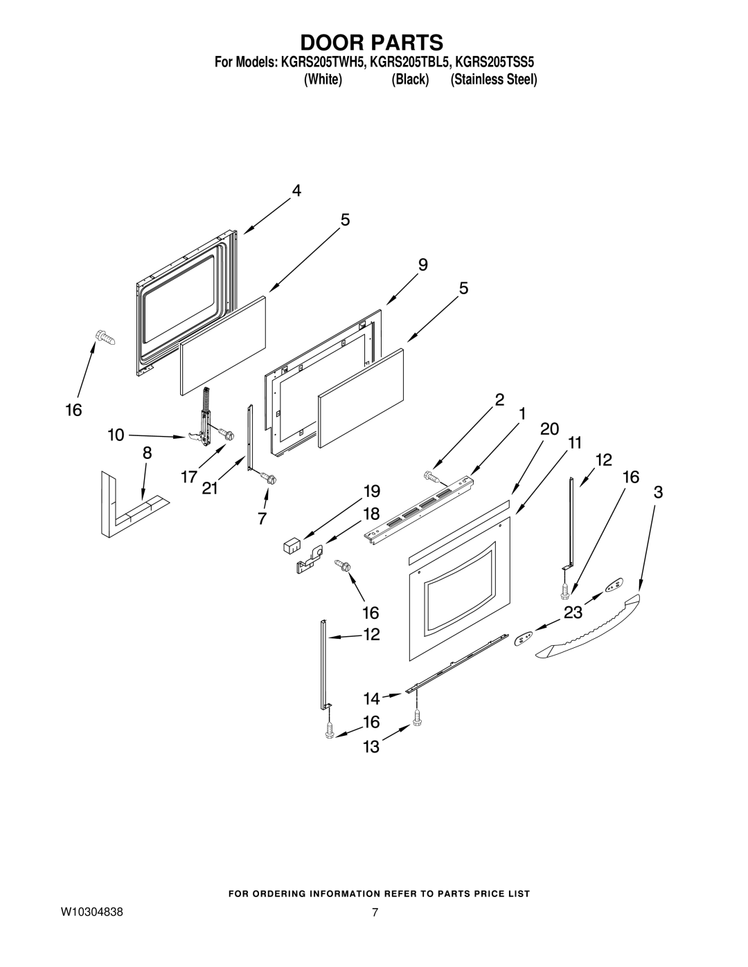 KitchenAid KGRS205TWH5, KGRS205TSS5, KGRS205TBL5 installation instructions Door Parts 