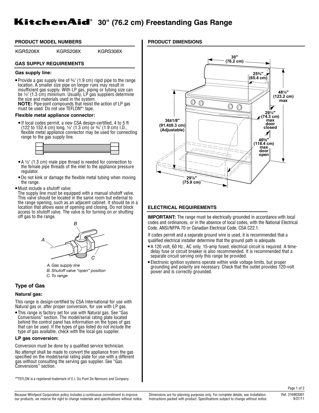 KitchenAid KGRS206x dimensions Product Model Numbers, GAS Supply Requirements, Product Dimensions, Electrical Requirements 