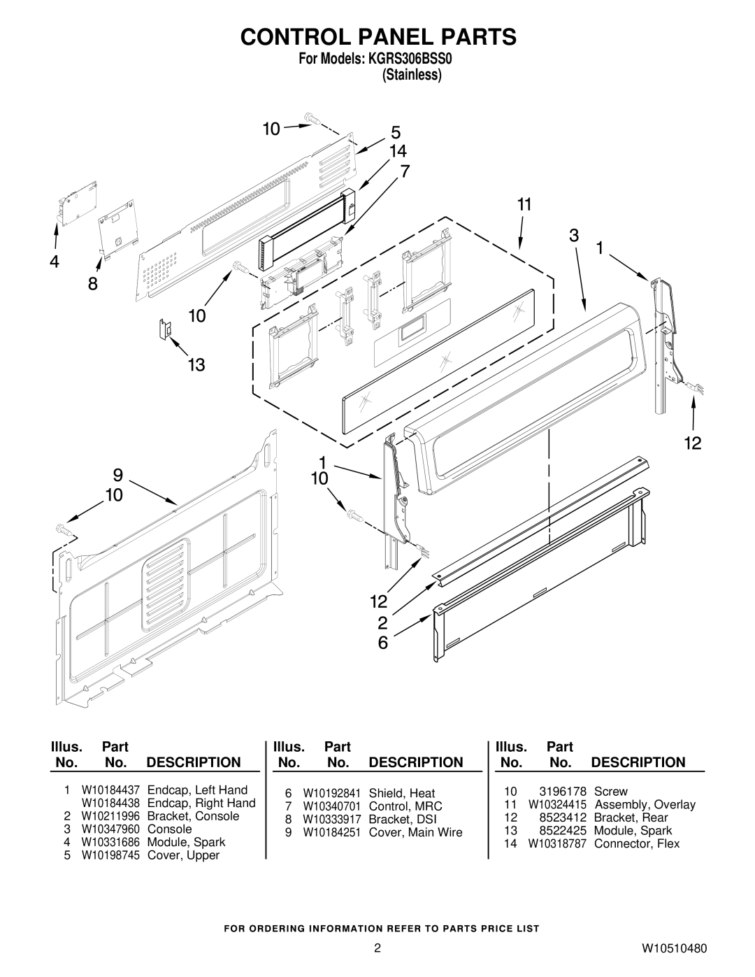 KitchenAid KGRS306BSS0 installation instructions Control Panel Parts 