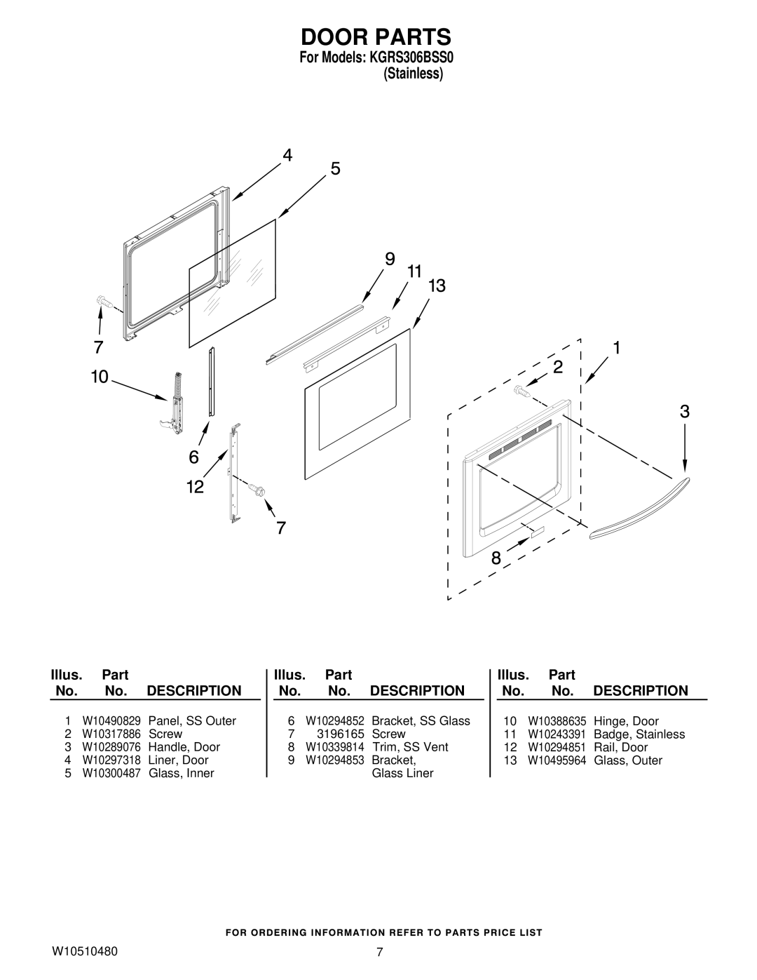 KitchenAid KGRS306BSS0 installation instructions Door Parts 