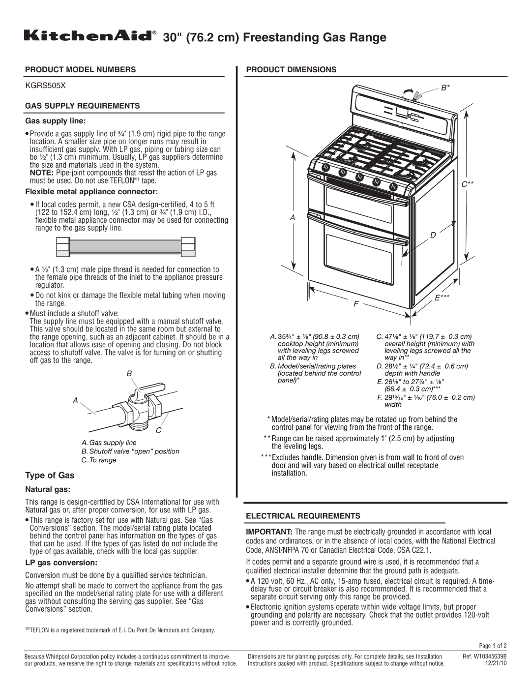 KitchenAid KGRS505X dimensions Product Model Numbers, GAS Supply Requirements, Product Dimensions, Electrical Requirements 