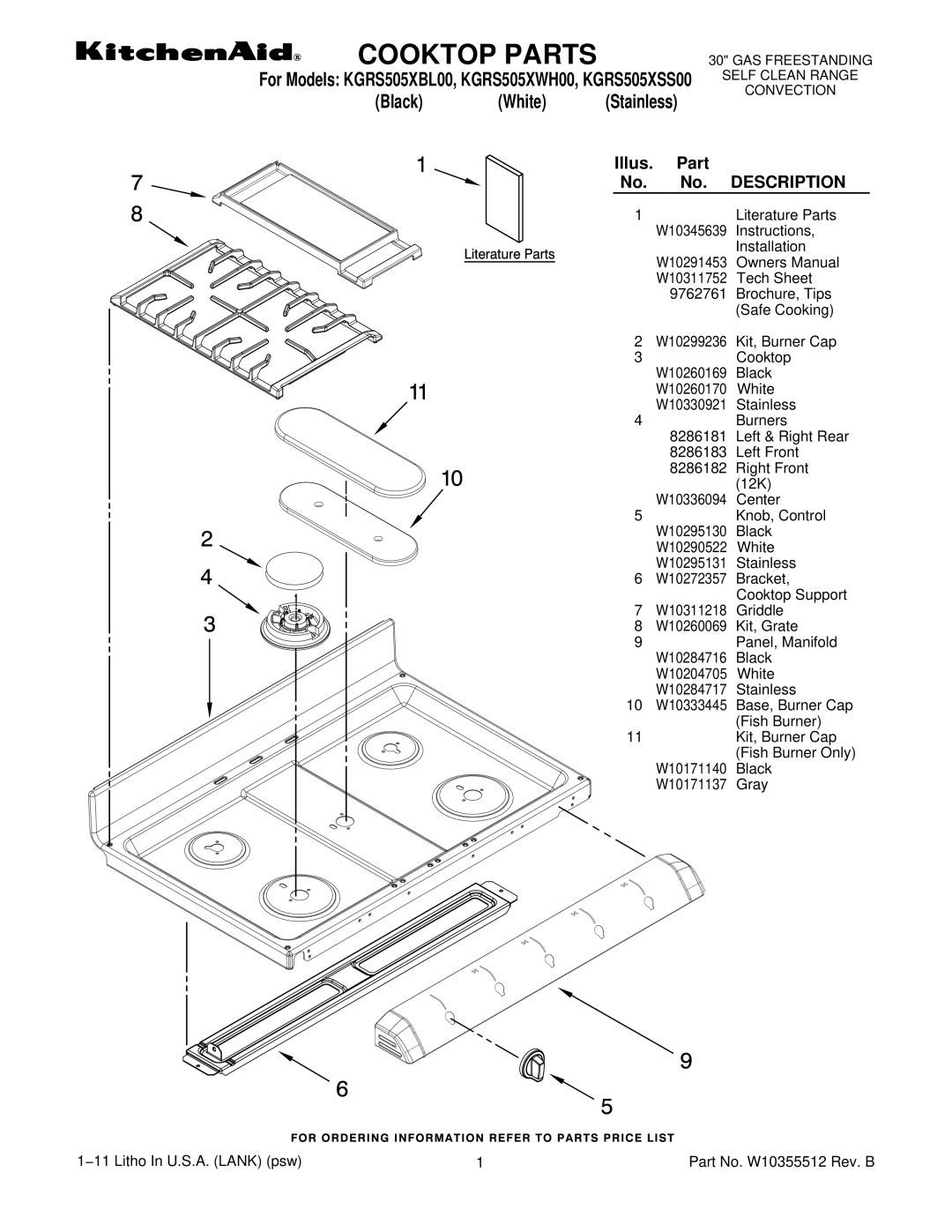 KitchenAid KGRS505XBLOO, KGRS505XWHOO, KGRS505XSSOO owner manual Cooktop Parts, Description 