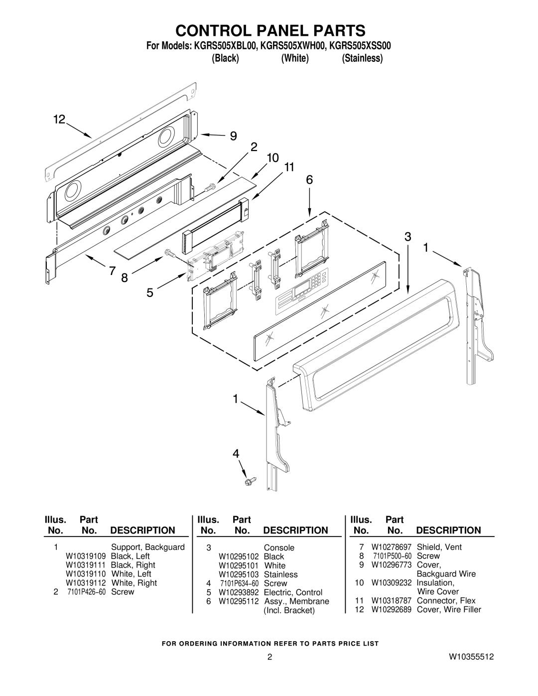 KitchenAid KGRS505XSSOO, KGRS505XWHOO, KGRS505XBLOO owner manual Control Panel Parts, Illus. Part No. No. Description 