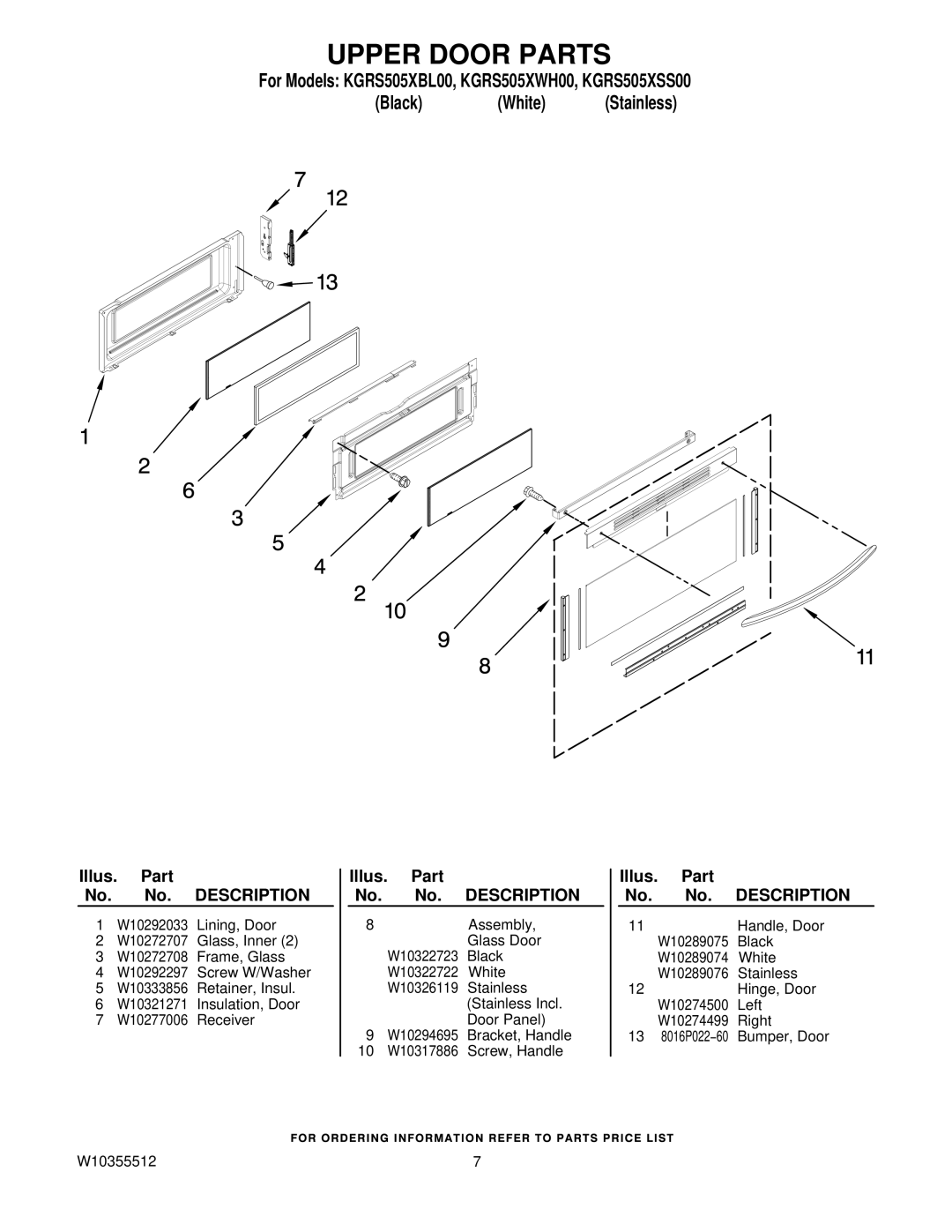 KitchenAid KGRS505XBLOO, KGRS505XWHOO, KGRS505XSSOO owner manual Upper Door Parts 