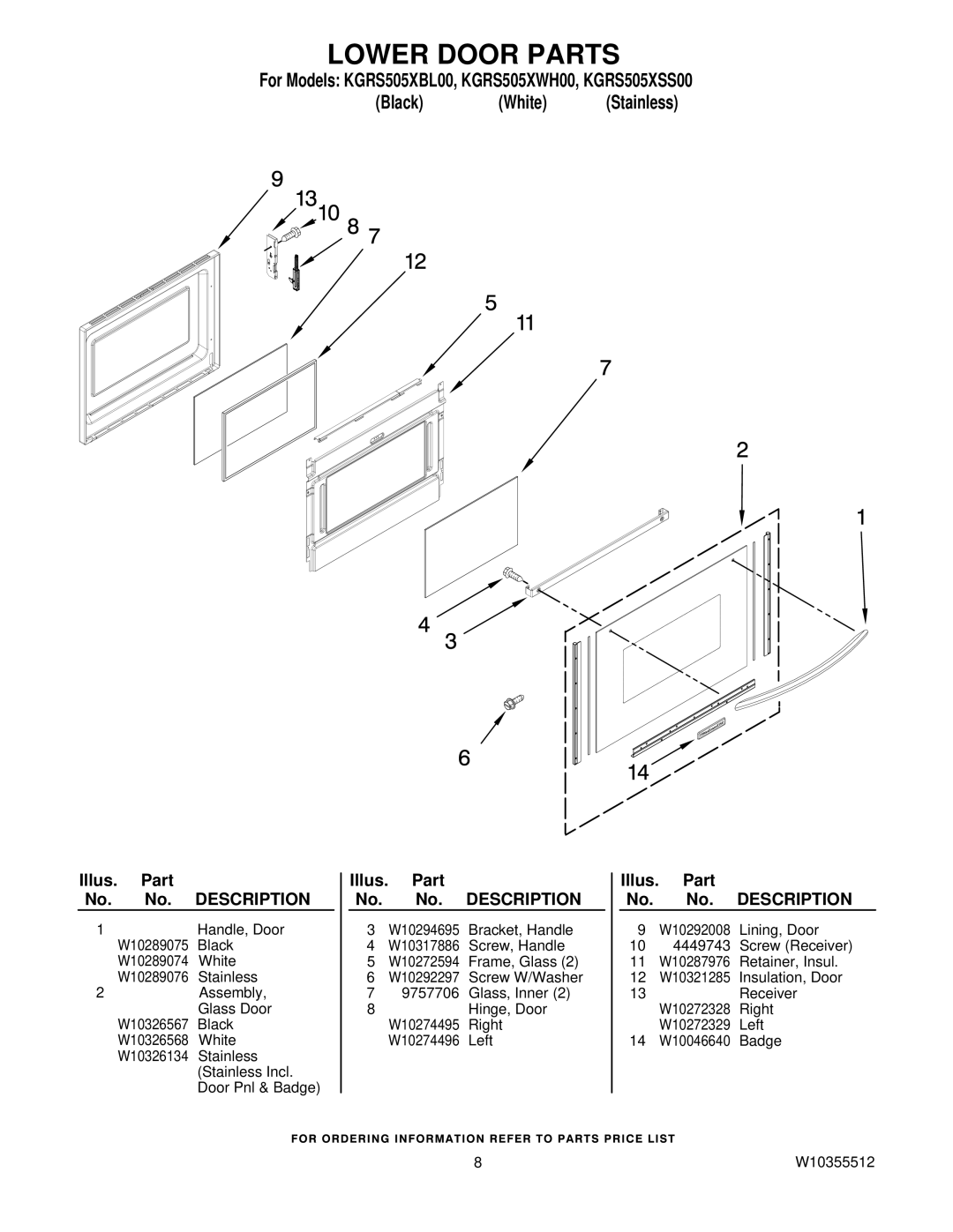 KitchenAid KGRS505XSSOO, KGRS505XWHOO, KGRS505XBLOO owner manual Lower Door Parts 