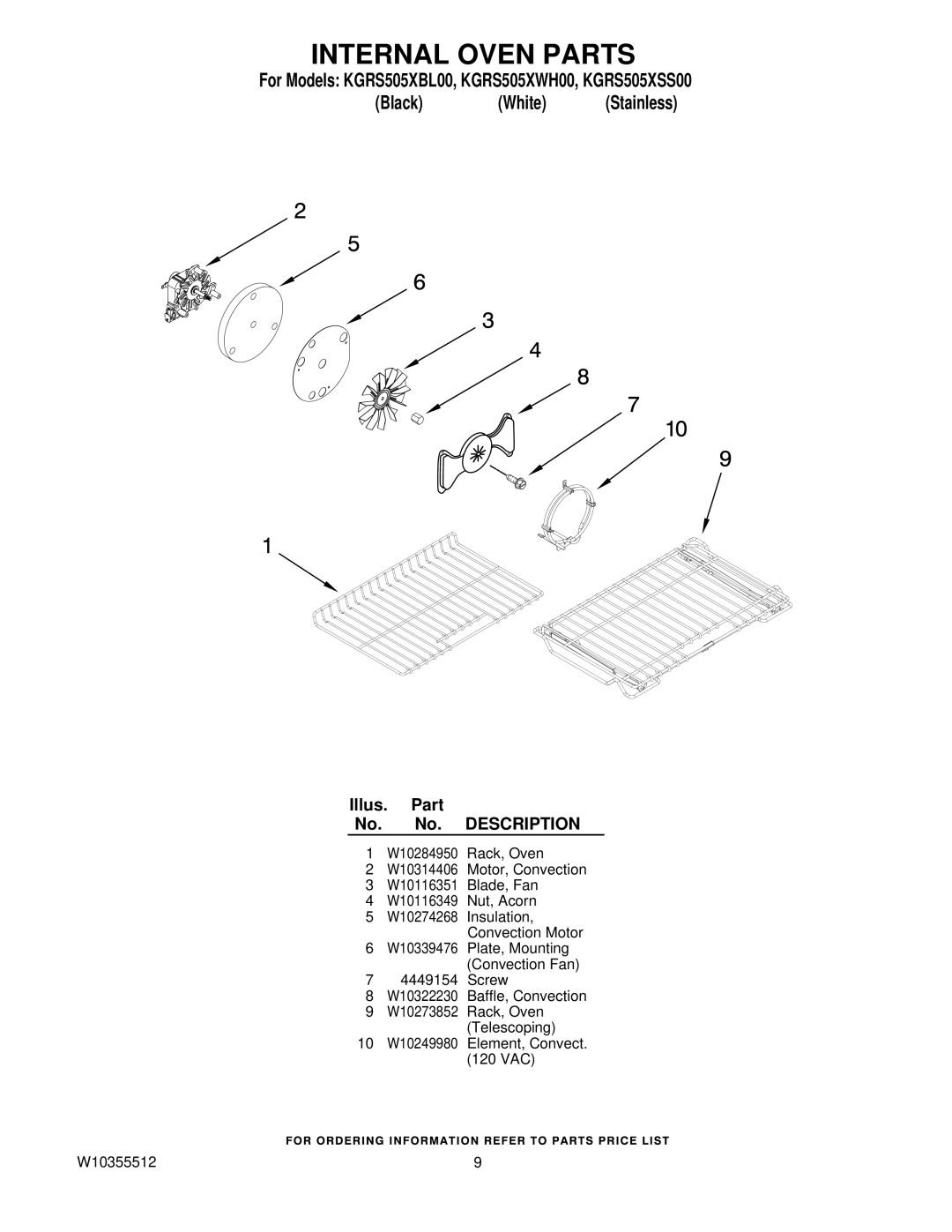 KitchenAid KGRS505XWHOO, KGRS505XBLOO, KGRS505XSSOO owner manual Internal Oven Parts 