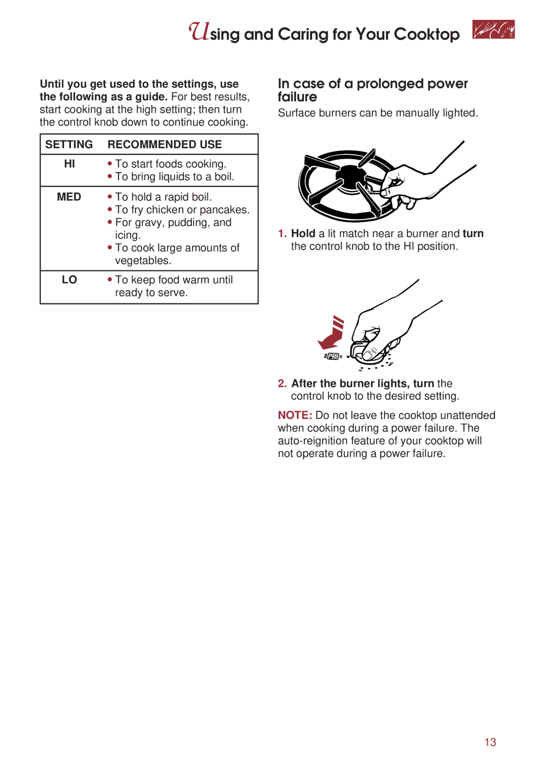 KitchenAid KGRT500 warranty Case of a prolonged power failure, Setting Recommended USE 