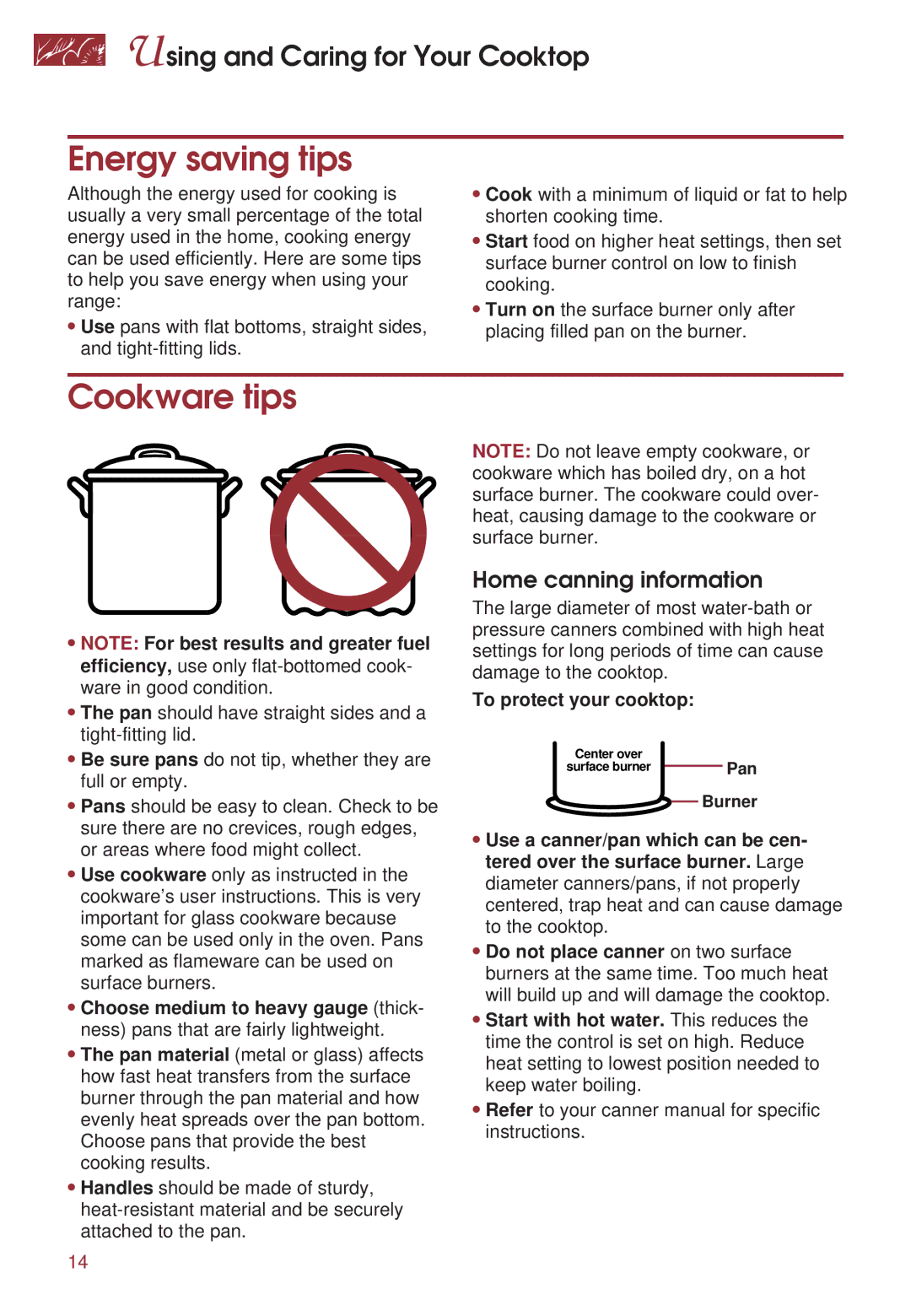 KitchenAid KGRT500 warranty Energy saving tips, Cookware tips, Home canning information, To protect your cooktop 