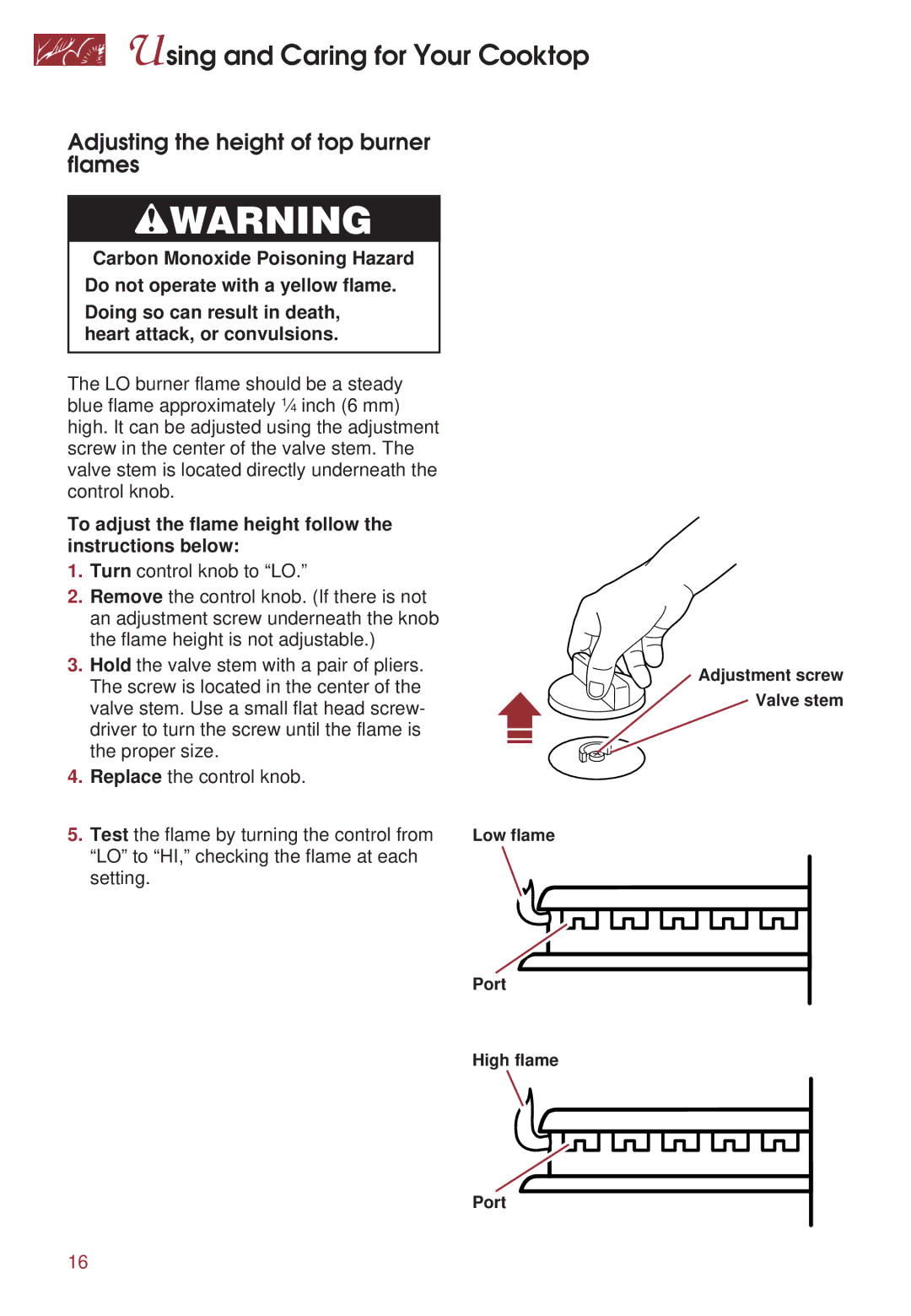 KitchenAid KGRT500 Adjusting the height of top burner flames, To adjust the flame height follow the instructions below 