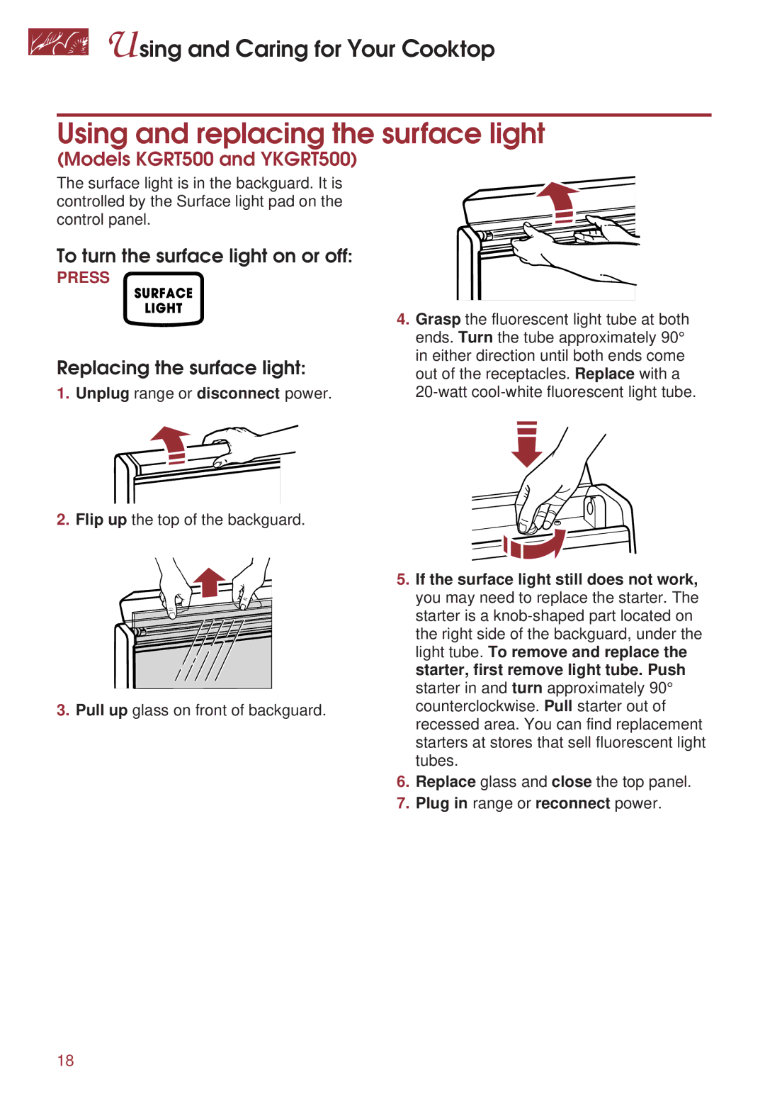 KitchenAid KGRT500 Using and replacing the surface light, To turn the surface light on or off, Replacing the surface light 