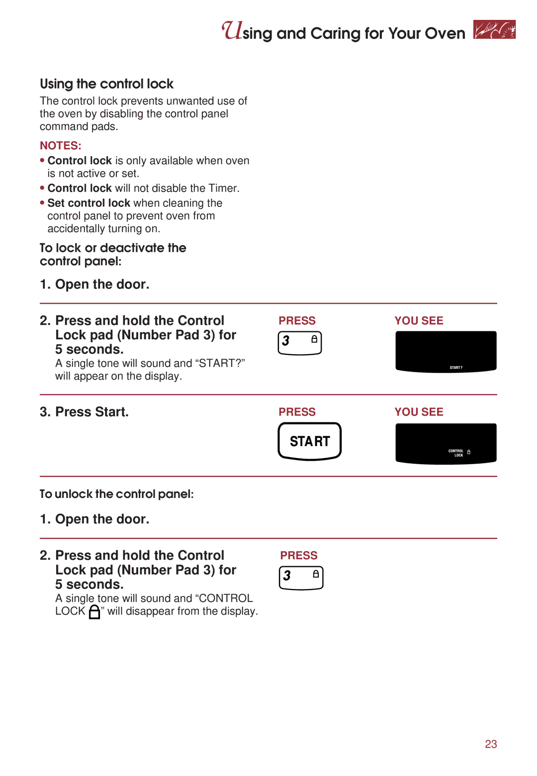 KitchenAid KGRT500 warranty Using the control lock 