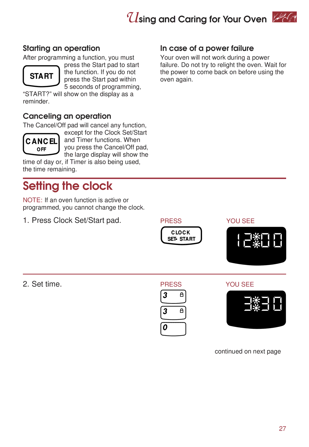 KitchenAid KGRT500 warranty Setting the clock, Starting an operation, Case of a power failure, Canceling an operation 