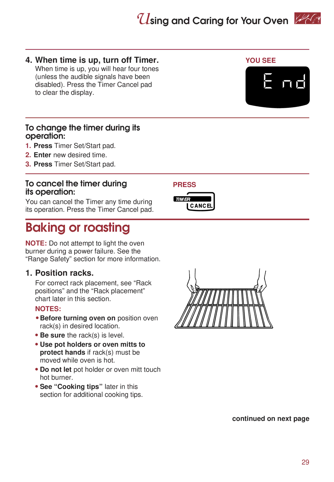 KitchenAid KGRT500 Baking or roasting, To change the timer during its operation, To cancel the timer during its operation 