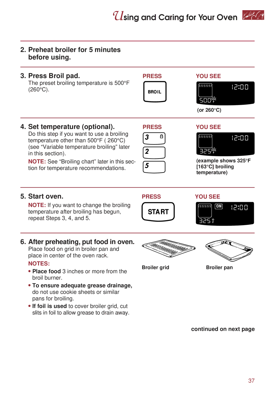 KitchenAid KGRT500 warranty Preheat broiler for 5 minutes before using, After preheating, put food in oven 