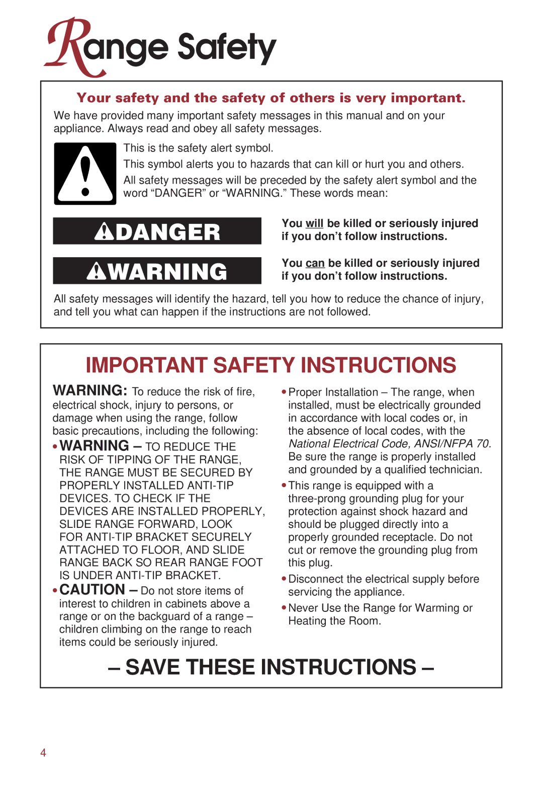 KitchenAid KGRT500 warranty Range Safety, Your safety and the safety of others is very important 