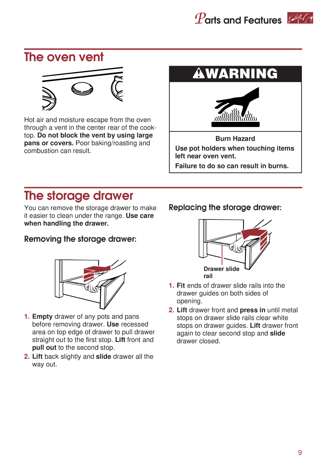 KitchenAid KGRT500 warranty Oven vent, Storage drawer, Removing the storage drawer, When handling the drawer 