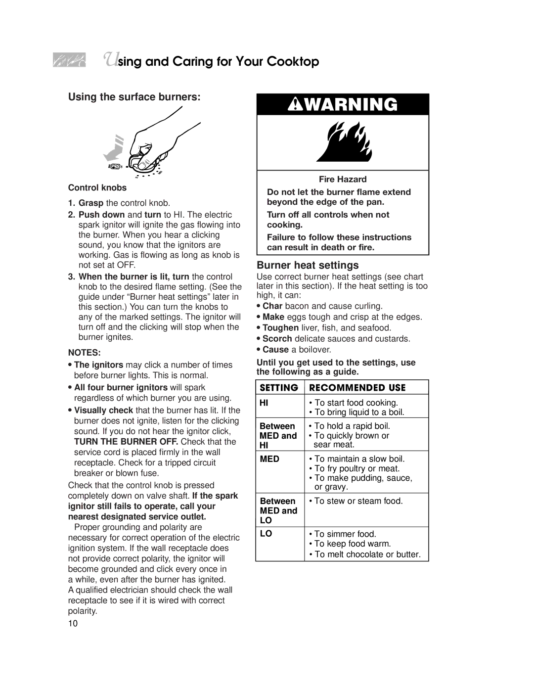 KitchenAid KGRT507 warranty Using the surface burners, Burner heat settings, Med 