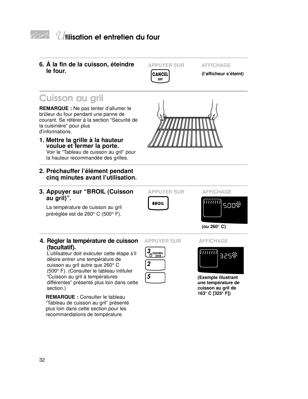 KitchenAid KGRT507 warranty Cuisson au gril, La fin de la cuisson, éteindre le four 