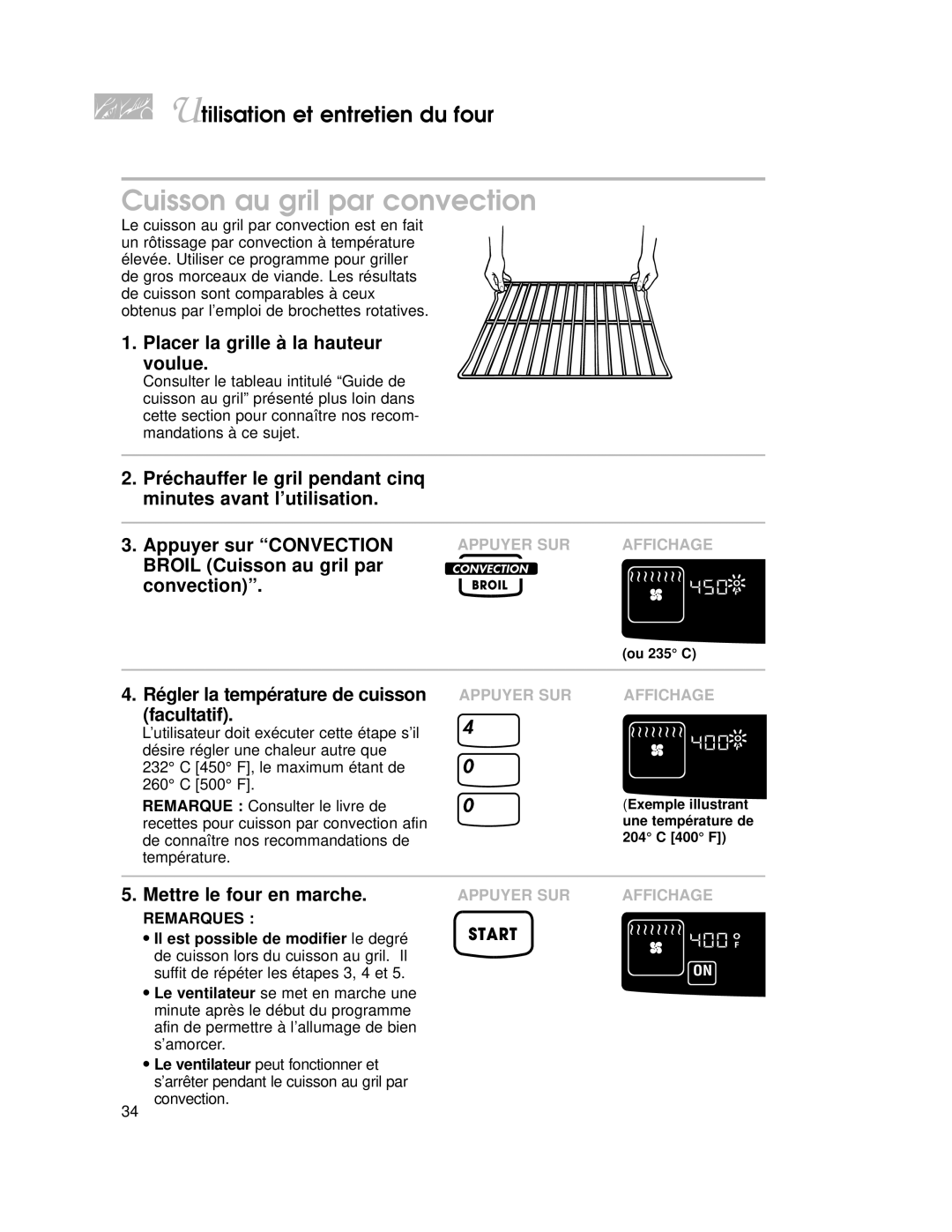 KitchenAid KGRT507 Cuisson au gril par convection, Placer la grille à la hauteur voulue, Régler la température de cuisson 