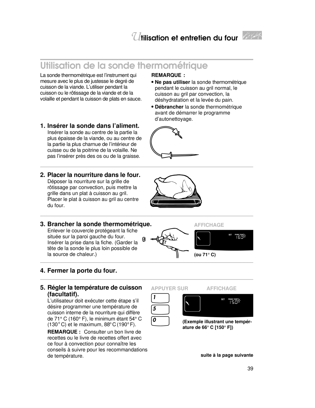 KitchenAid KGRT507 warranty Utilisation de la sonde thermométrique, Insérer la sonde dans l’aliment, Remarque 