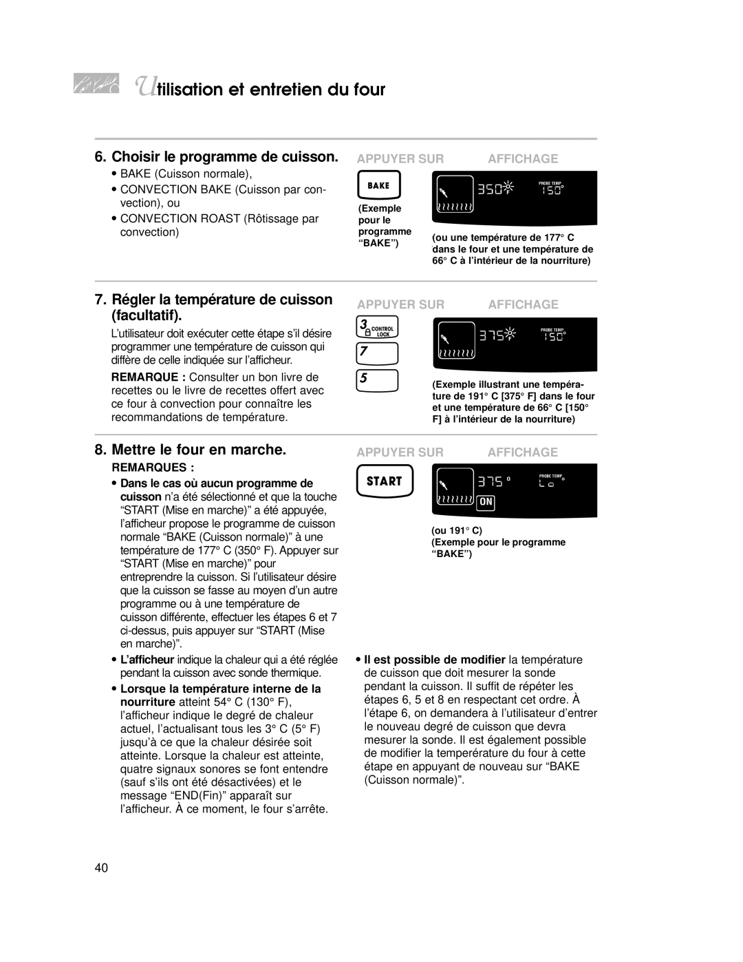 KitchenAid KGRT507 warranty Choisir le programme de cuisson, Bake Cuisson normale 