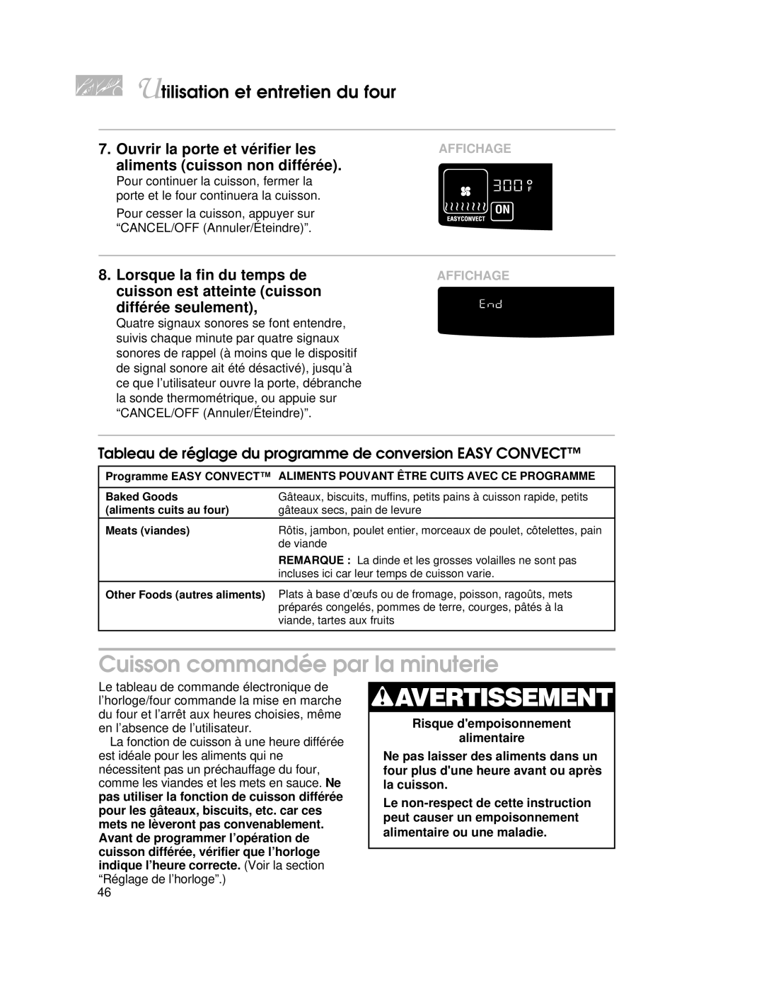 KitchenAid KGRT507 warranty Cuisson commandée par la minuterie, Tableau de réglage du programme de conversion Easy Convect 