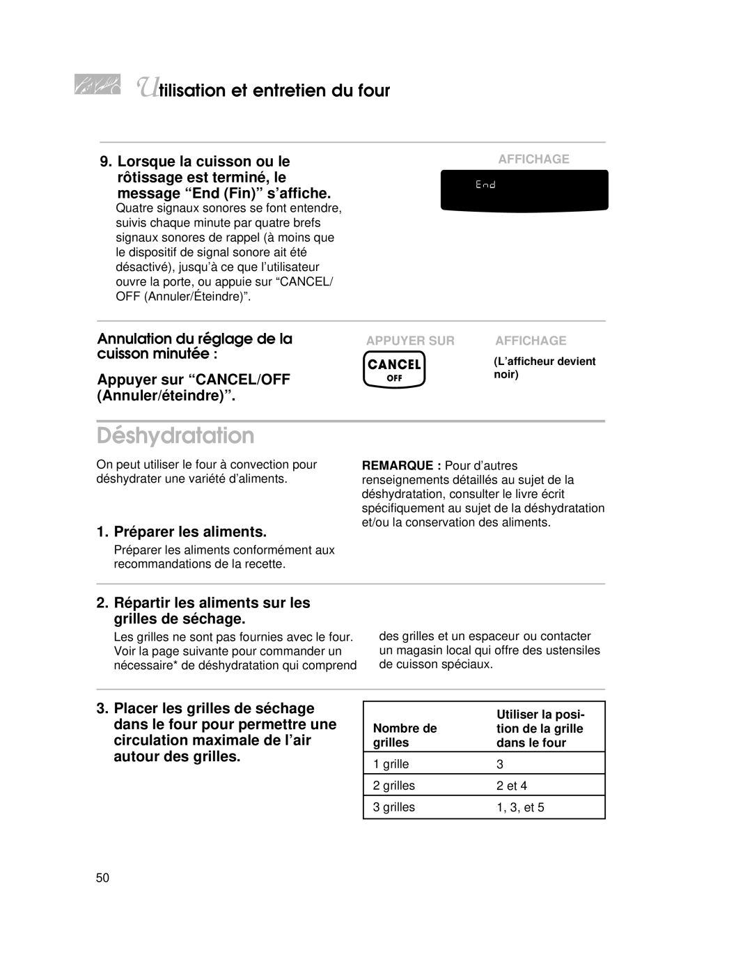 KitchenAid KGRT507 warranty Déshydratation, Préparer les aliments, Répartir les aliments sur les grilles de séchage 