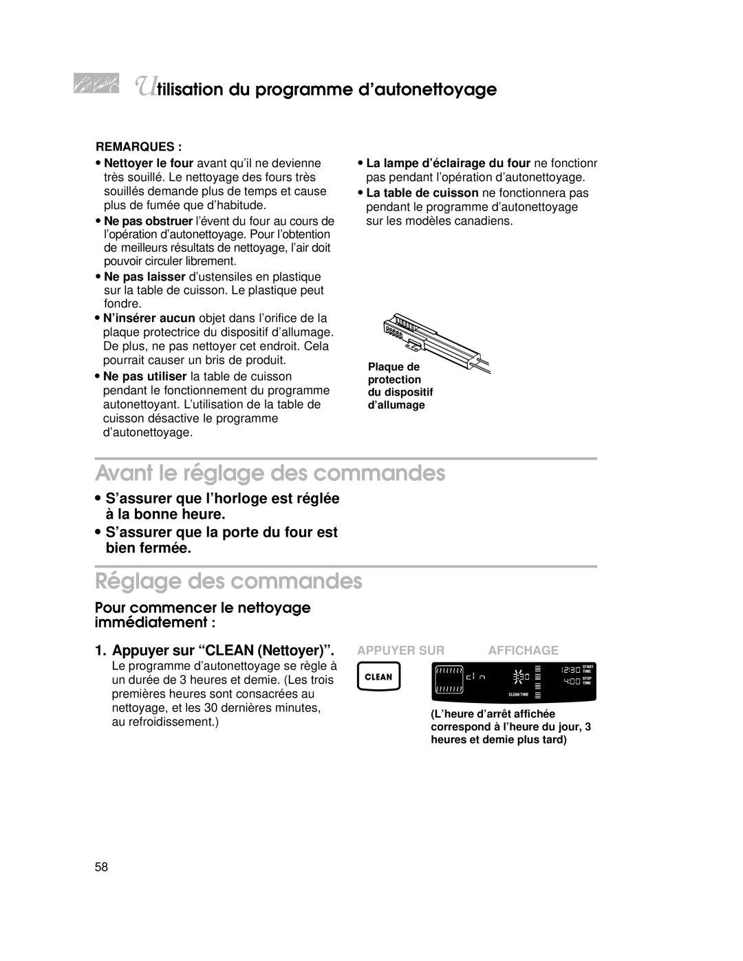 KitchenAid KGRT507 warranty Avant le réglage des commandes, Réglage des commandes, Appuyer sur Clean Nettoyer 