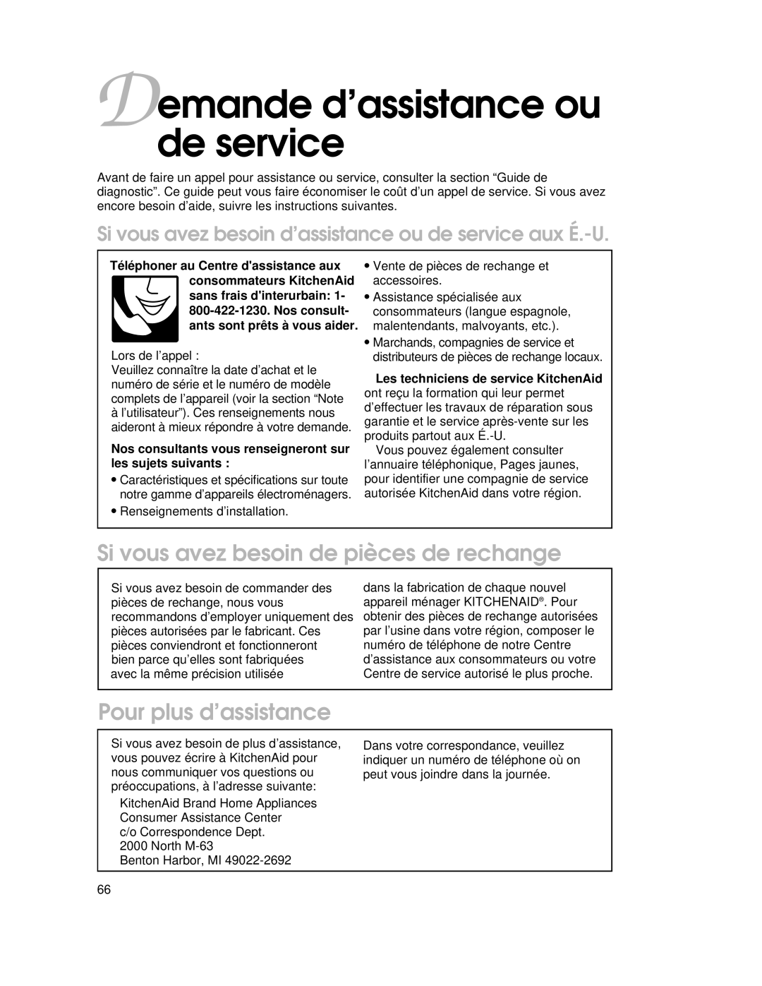 KitchenAid KGRT507 Demande d’assistance ou de service, Si vous avez besoin de pièces de rechange, Pour plus d’assistance 