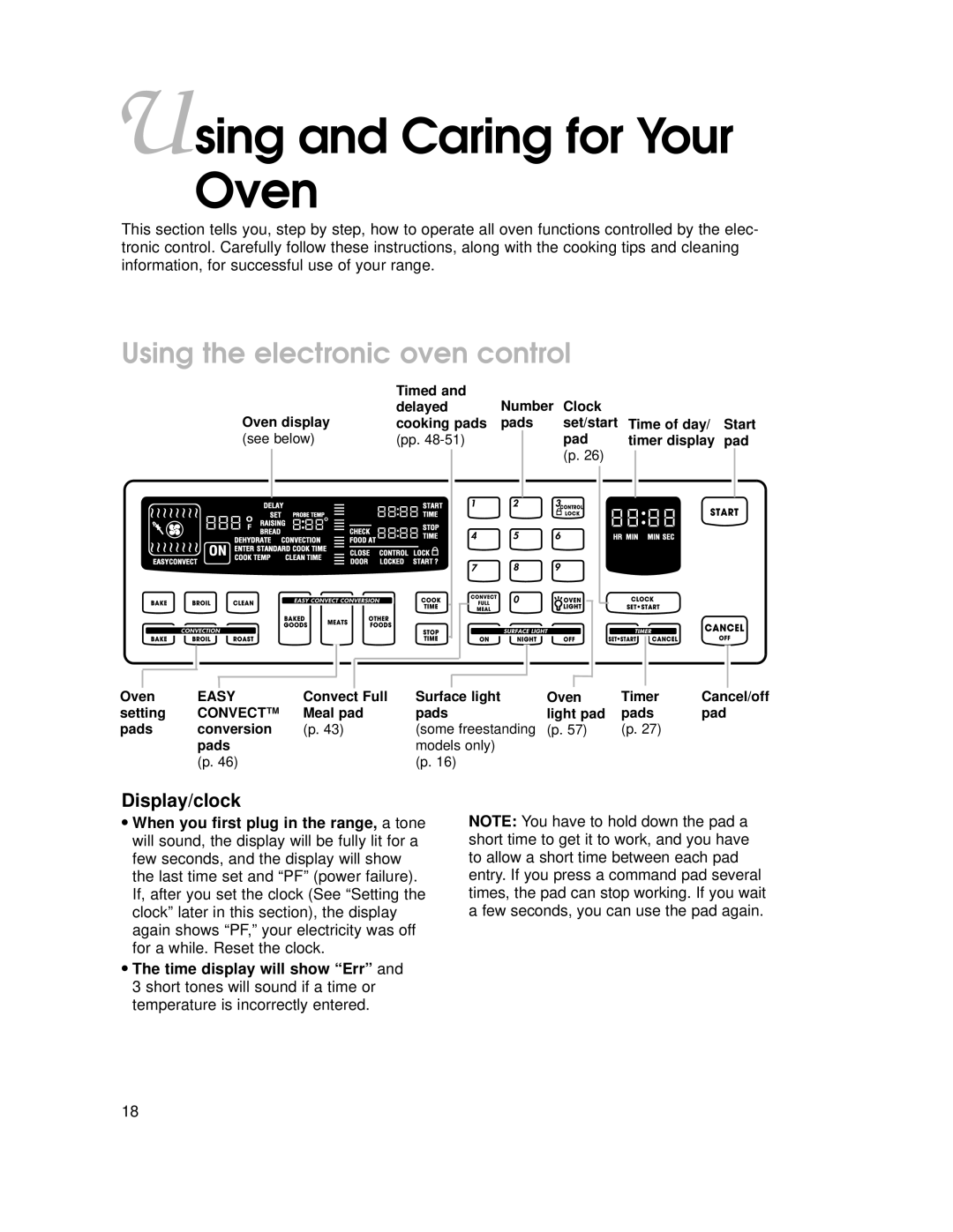 KitchenAid KGRT507 warranty Using and Caring for Your Oven, Using the electronic oven control, Display/clock 