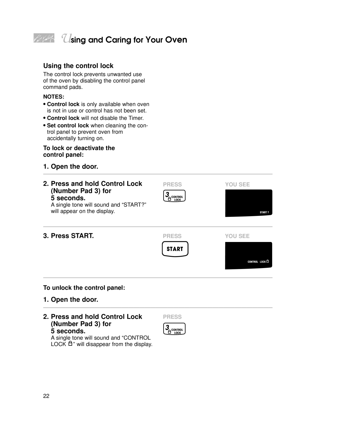 KitchenAid KGRT507 warranty Using the control lock, Press Start 