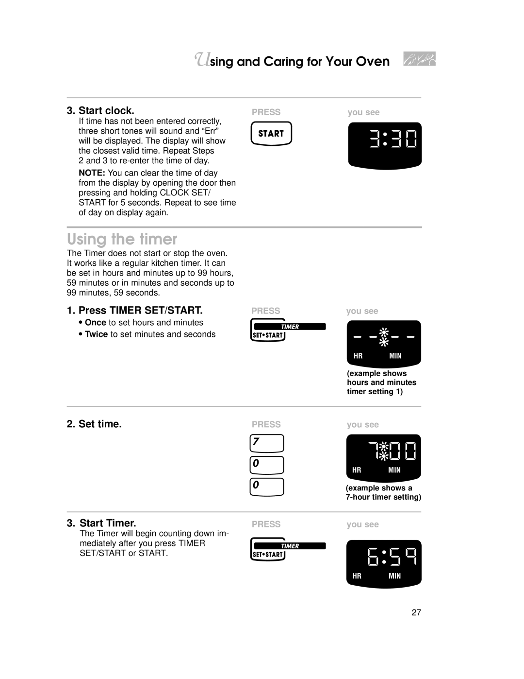 KitchenAid KGRT507 warranty Using the timer, Start clock, Set time, Start Timer 