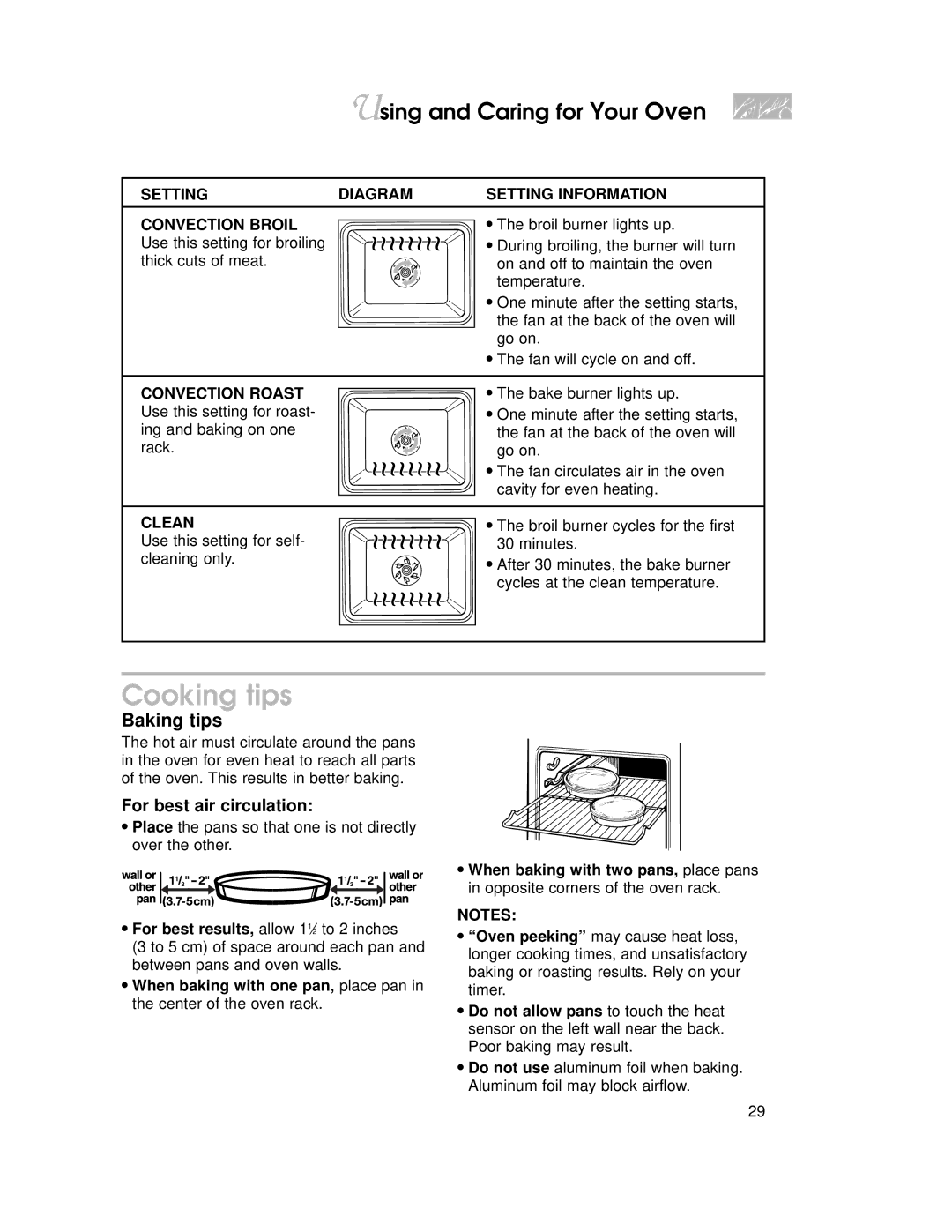 KitchenAid KGRT507 Cooking tips, Baking tips, Setting Diagram Setting Information Convection Broil, Convection Roast 