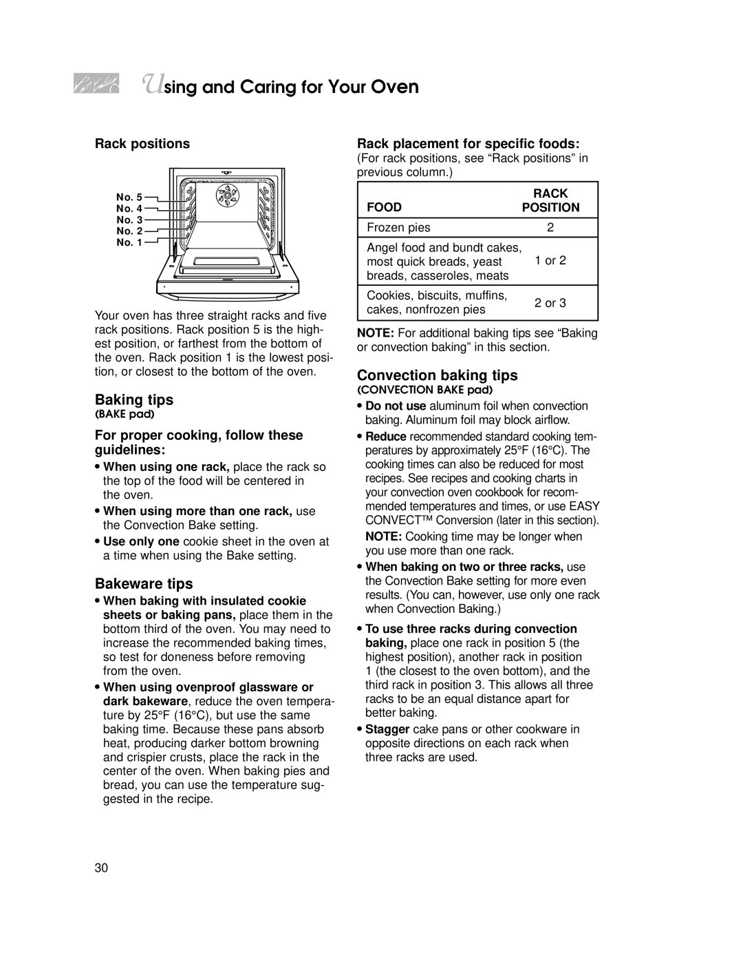 KitchenAid KGRT507 warranty Bakeware tips, Convection baking tips, Rack Foodposition 