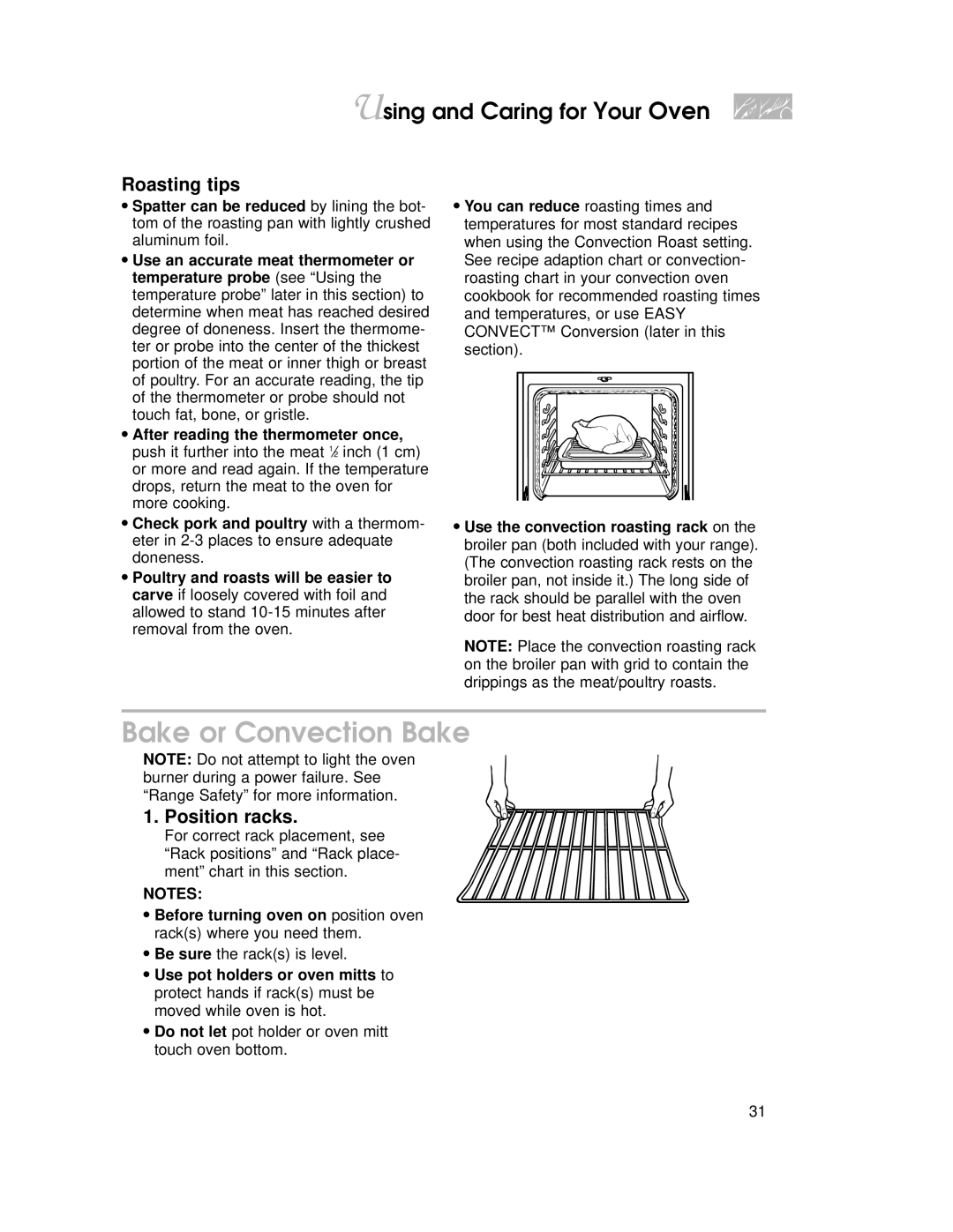 KitchenAid KGRT507 warranty Bake or Convection Bake, Roasting tips, Position racks 