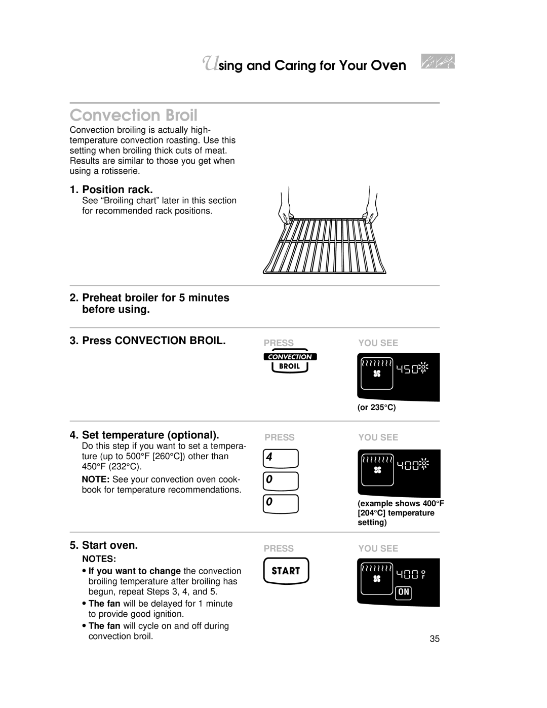 KitchenAid KGRT507 warranty Convection Broil, Position rack 