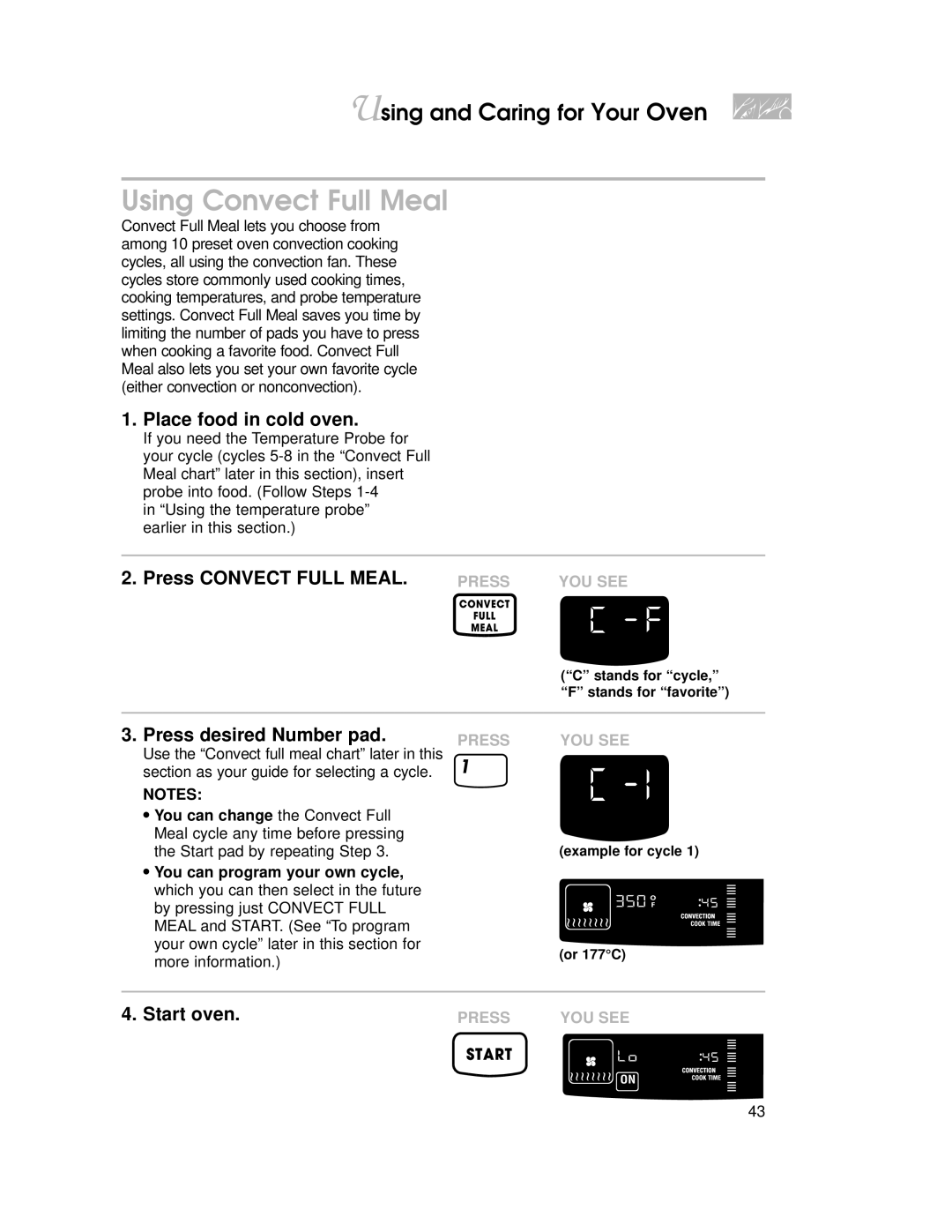 KitchenAid KGRT507 Using Convect Full Meal, Place food in cold oven, Press Convect Full Meal, Press desired Number pad 